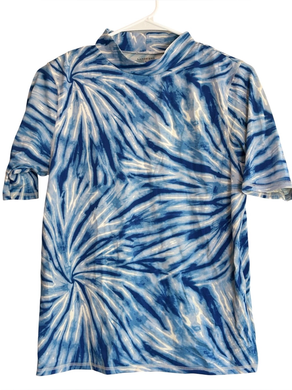 Lands’ End Blue Tie Dye Rash Guard Swim Top Size L 14-16 Mock Neck UPF